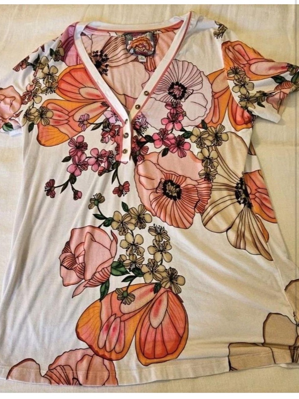 Johnny Was V-Neck Short Sleeve Top in Cream and Pink